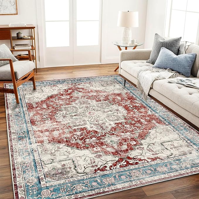 Washable Area Rug 9'x12' Red Blue Retro Flowers Boho Design Non-Shedding Easy Care Ideal for High Traffic Areas in Living Room Bedroom Office Coffee Table Kitchen Large Carpet