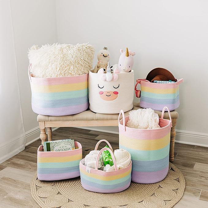 OrganiHaus Rope Rainbow Storage Baskets for Shelves | Rainbow Baskets for Pastel Classroom Decor | Baby Basket for Pastel Room Decor | Pastel Rainbow Storage Bins Colorful Baskets for Baby Room