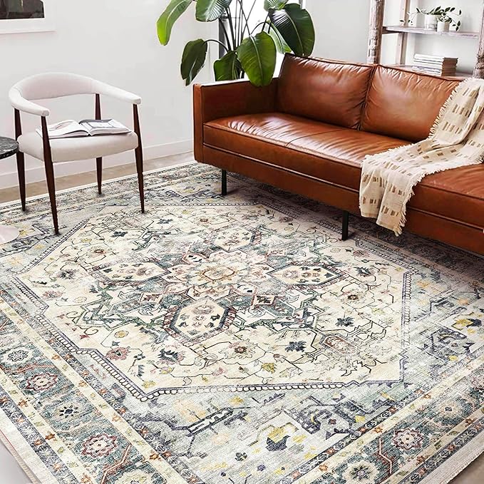 Area Rug 6'x9' Cyan Khaki Washable Vintage Traditional Floor Cover Thin Retro Kitchen Indoor Distressed Non Slip Carpet for Living Room Bedroom Dining Room