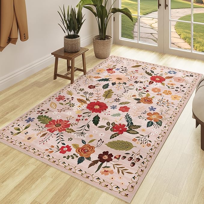 3x5 Area Rug, Floral Pink Washable Rug for Entryway, Non Slip Flower Area Rugs, Soft Low Pile Indoor Doormat Small Carpet, Rugs for Living Room Bedroom Nursery Kitchen Dining Room, Pink/Beige