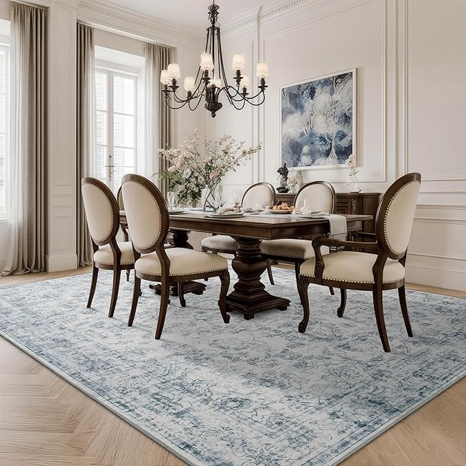 Light Blue 6x9 Area Rug Machine Washable for Living Room, Distressed Non Slip Rugs for Bedroom, Traditional Indoor Retro Floral Accent Vintage Carpet for Office Dining Room, Dorm