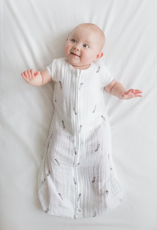 Amazing Baby Cotton Muslin Sleeping Sack, For Baby Boy or Girl, Wearable Blanket with 2-way Zipper, Little Feather, Black, Large (12-18 Month)
