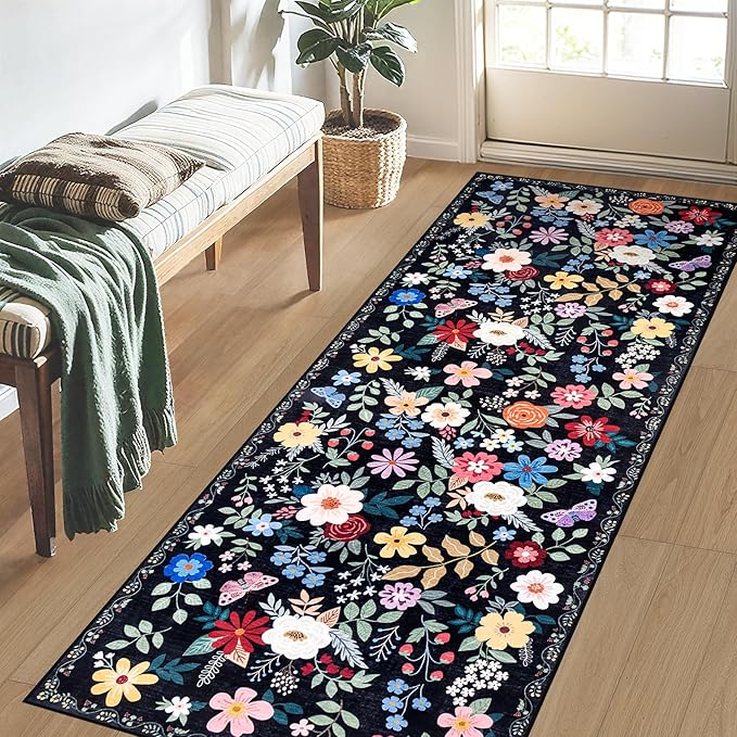 Runner Rug for Entryway: 2x10 Kitchen Rugs Non Slip Washable Ultra-Thin Soft Floral Carpet Indoor Floor Stain Resistant Carpets for Hallway Bedroom Kitchen Laundry Bathroom Dorm Black