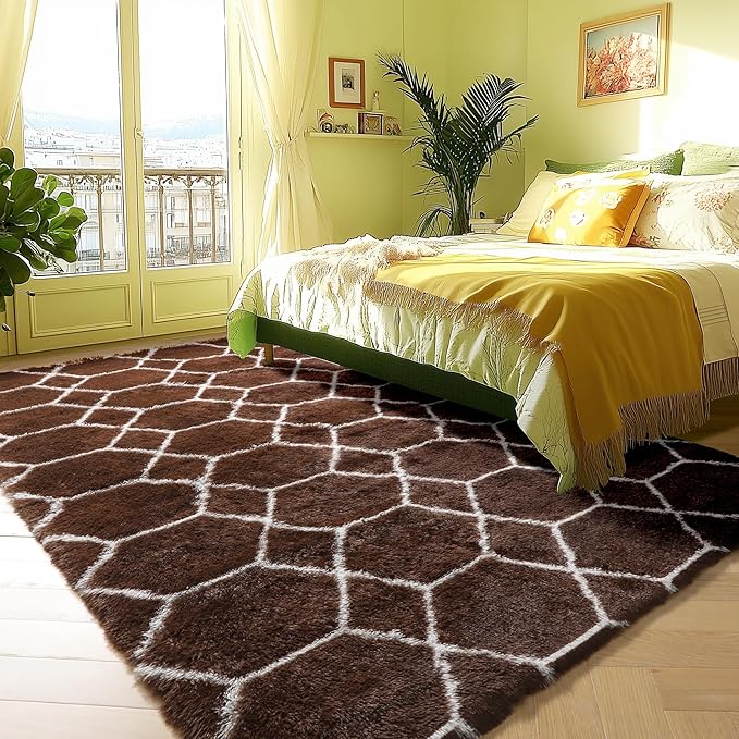 ONASAR 6x9 Area Rugs for Living Room Bedroom, Washable Large Fluffy Brown and White Throw Rug, Geometric Soft Plush Shaggy Fuzzy Floor Carpet for Nursery Kids Girls Boys Teen Dorm Home Office Decor