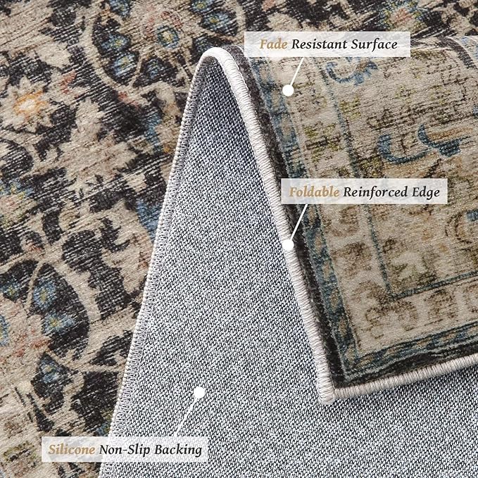 Washable 8x10 Area Rugs for Living Room, Boho Non-Slip Silicone Backing Rugs for Bedroom Dining Room Nursery Office, 0.3" Neutral Oriental Throw Carpet with 0.16" Cushioning Pad, Black/Multi