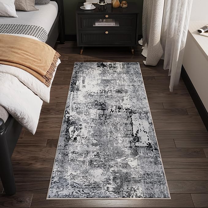 Runner Rug 2x6 Hallway Rugs Washable Boho Rug Soft Area Rug Abstract Pattern Non-Slip Faux Wool Vintage Rug for Kitchen, Entryway, Laundry, Bedroom, Grey and Black