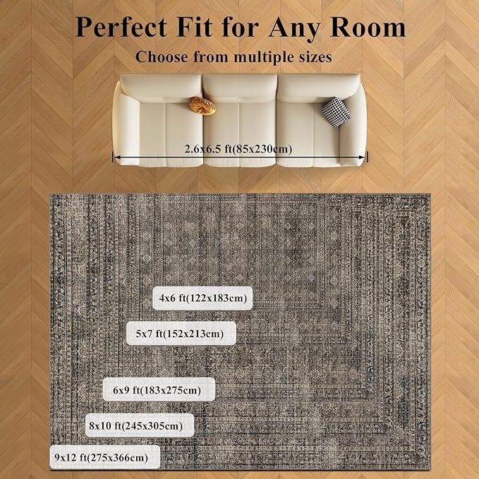 Washable Rugs 5x7 Area Rugs for Living Room, Thin Carpet for Bedroom, Soft Faux Wool Retro Dining Room Rug，Non Slip&Non-Shedding Resistant Low Pile Vintage Print Rug for Home Office (Brown)