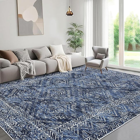 COZYLOOM Area Rug 5x7 Washable Rug for Living Room Bedroom Playroom Nursery Vintage Non Slip Low Pile Soft Throw Floor Cover Geometric Tribal Foldable Indoor Carpet, Blue