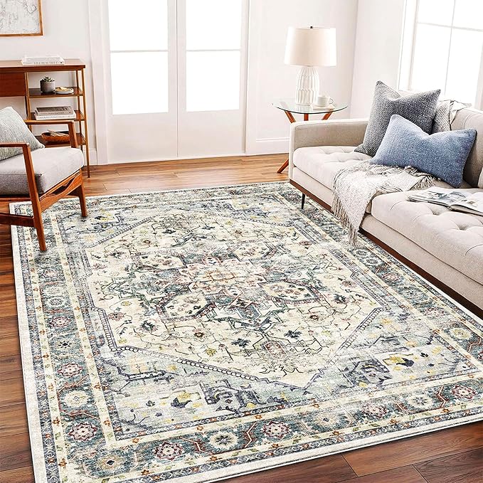 Washable Area Rug 10'x14' Cyan Khaki Retro Flowers Boho Design Non-Shedding Easy Care Ideal for High Traffic Areas in Living Room Bedroom Office Coffee Table Kitchen Large Carpet