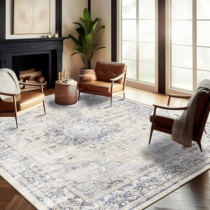 Washable Area Rug 8'x10' Floral Blue Boho Design Non-Shedding Non-Slip Easy Care Ideal for High Traffic Areas in Living Room Bedroom Office Coffee Table Kitchen Large Carpet