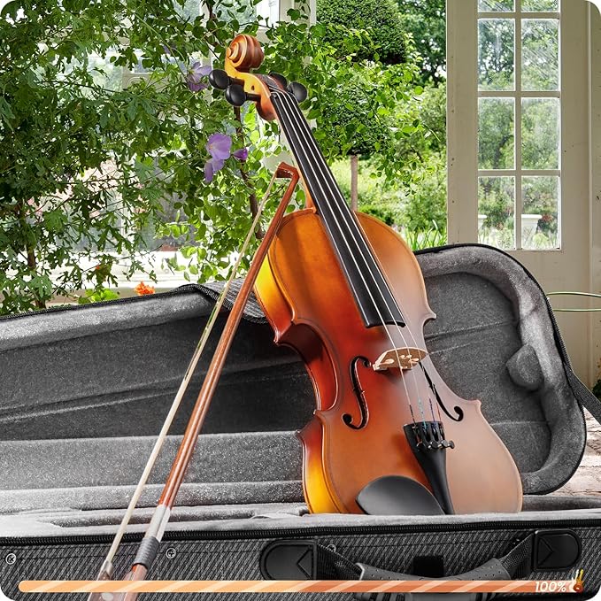 Fesley Violin Fiddle Beginner Set: 3/4 Matt Violin Kit for Student, Acoustic Violin with Hard Case, Solidwood Hand Made Starter Kit with Bow, Rosin, Shoulder Rest, Tuner, Extra Strings