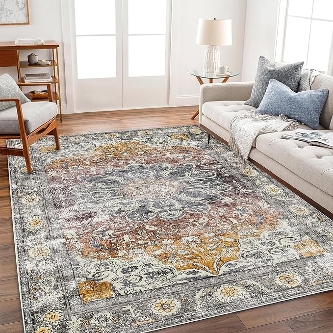 Area Rug 4x6 Washable Rug Taupe Vintage Traditional Floor Cover Foldable Thin Retro Accent Indoor Distressed Non Slip Carpet Floral Print Mat Bedroom Living Room Bathroom
