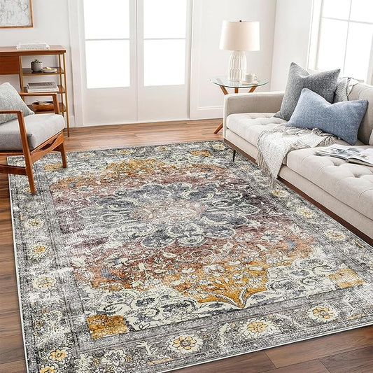 Area Rug 8x10 Washable Rug Taupe Vintage Traditional Mat Distressed Indoor Foldable Thin Retro Accent Rug Floral Print Non Slip Carpet Living Room Dining Room Office