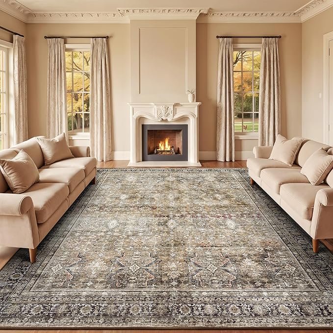 Lofus 9x12 Area Rug for Living Room,Brow Washable Large Rugs with Non-Slip Backing,Soft Neutral Carpets for Bedroom Dining Room Home Office Indoor Nursery