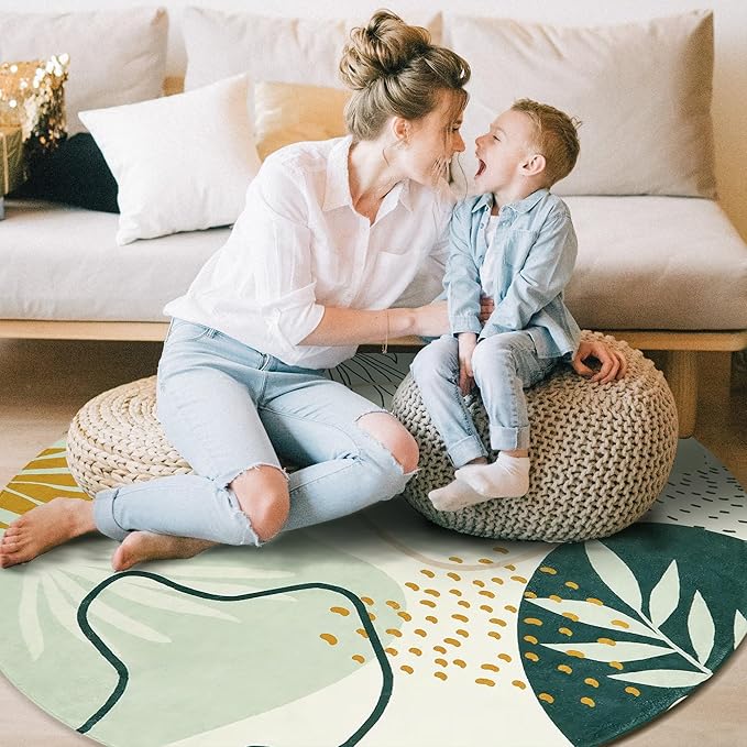 Lahome Green 8 Ft Round Rug - Washable Round Area Rug for Living Room Throw Soft Boho Round Rug Large Non-Slip Dining Room Rug, Botanical Print Round Carpet for Bedroom Office (Green,8'x8')