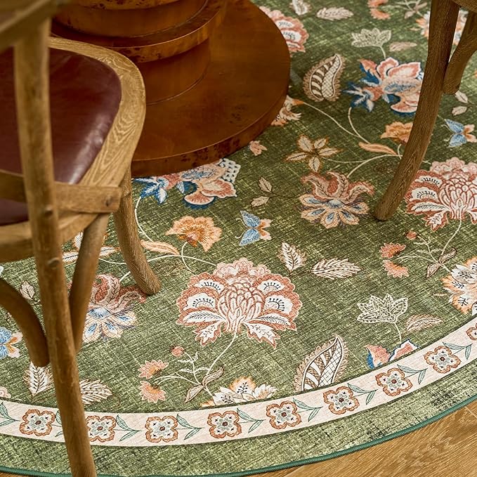jinchan Floral Corner Rug for Living Room Washable Bedroom Rug Vintage Romance Design Non Slip Quarter Circle Lightweight Low-Pile Throw Carpet for Reading Nook Playroom,7ft Radius, Green