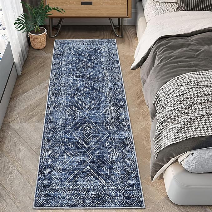 COZYLOOM Washable Runner Rug 2x6 Vintage Non Slip Low Pile Rug Soft Throw Floor Cover Geometric Tribal Foldable Indoor Carpet for Living Room Bedroom Playroom Nursery, Blue