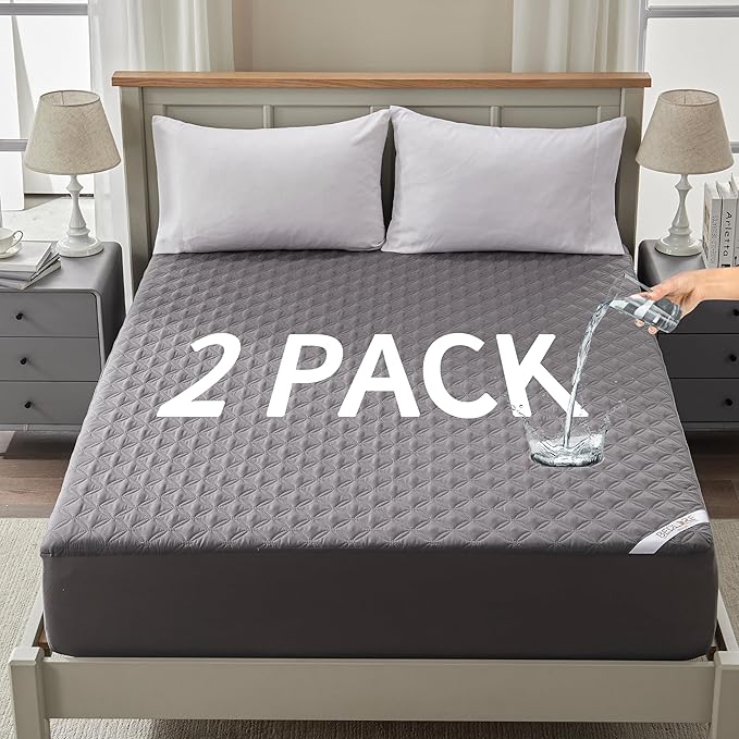 2 Pack Waterproof Mattress Protector, Queen Size Mattress Pad Noiseless with Deep Pocket Fitted for 6"-18", Soft Breathable Dirt-Proof Bed Mattress Cover Washable for Home, Bedroom, Hotel (Gray)