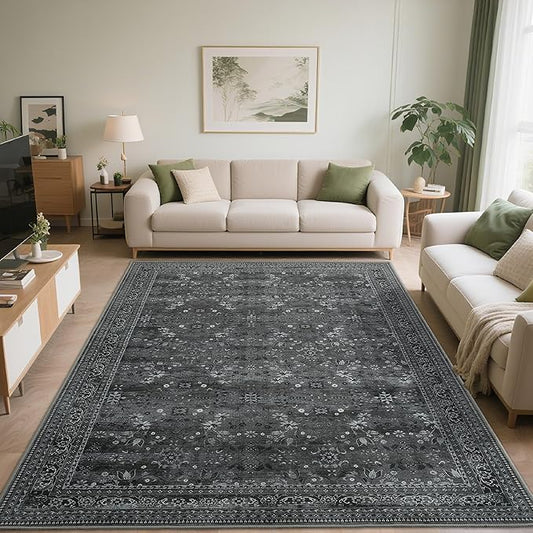 5x7 Machine Washable Area Rug for Living Room Bedroom, Vintage Kitchen Rugs Non Slip, Traditional Indoor Floor Floral Print Carpet for Dining Room, Farmhouse, Office Classroom Black/Gray