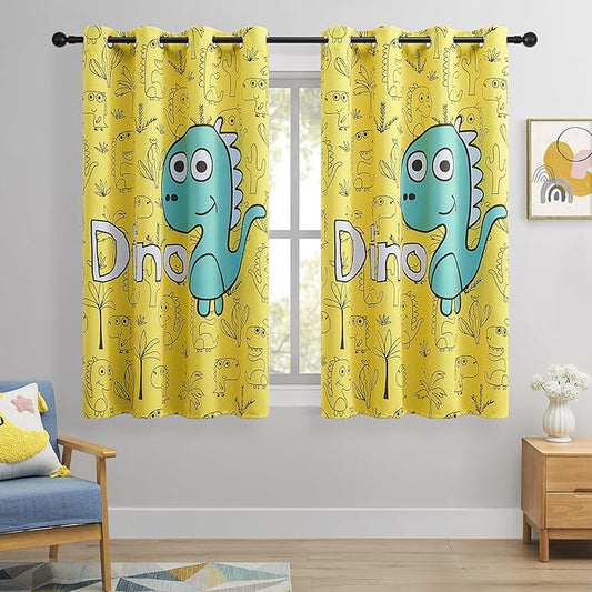 Dinosaur Blackout Curtains for Kids Room - 2 Panels, Each W52×L63, 100% Blackout, Thermal Insulated, Noise Reducing, Perfect for Kids Room and Nersury