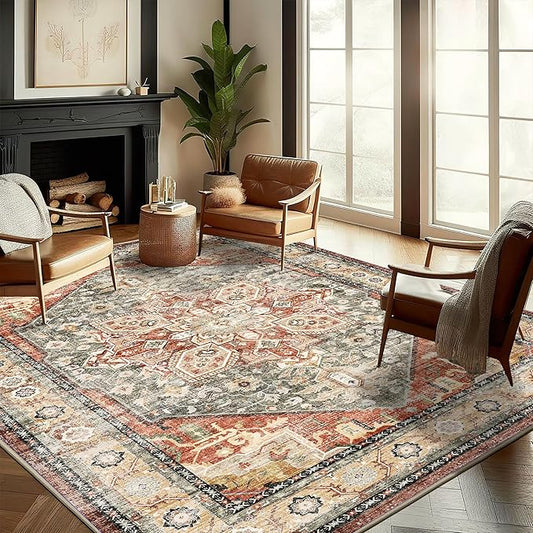 Washable Area Rug 8'x10' Red Khaki Retro Boho Design Non-Shedding Non-Slip Easy Care Ideal for High Traffic Areas in Living Room Bedroom Office Coffee Table Kitchen Large Carpet