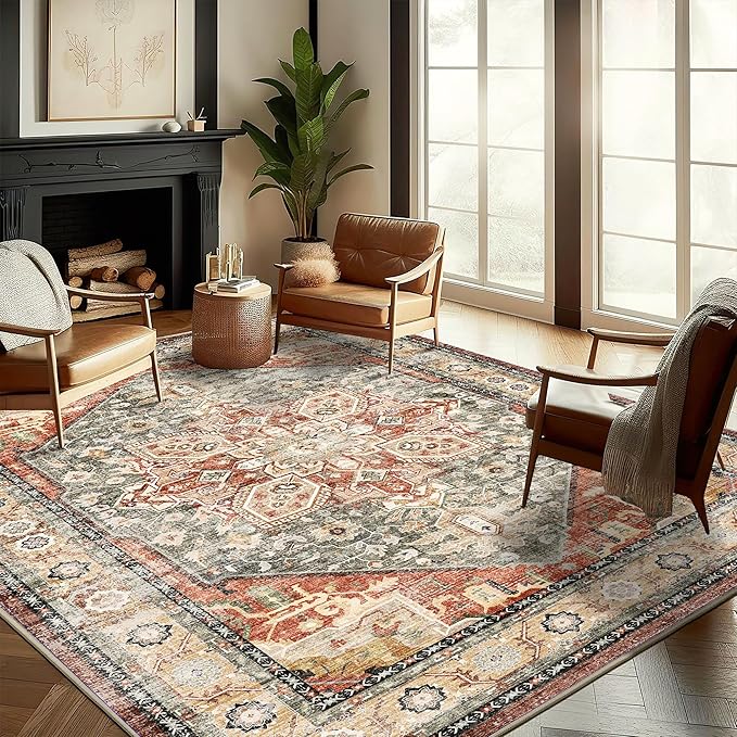 Washable Area Rug 9'x12' Red Khaki Retro Flowers Boho Design Non-Shedding Easy Care Ideal for High Traffic Areas in Living Room Bedroom Office Coffee Table Kitchen Large Carpet