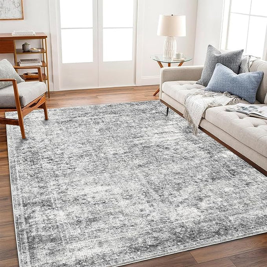 Area Rug 4x6 Washable Rug Gray Vintage Traditional Floor Cover Foldable Thin Retro Accent Indoor Distressed Non Slip Carpet Floral Print Mat Bedroom Living Room Bathroom