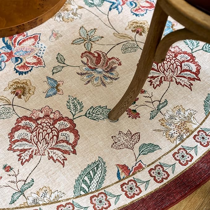 jinchan Floral Corner Rug for Entryway Washable Kitchen Rug Vintage Romance Design Non Slip Quarter Circle Lightweight Low-Pile Throw Carpet for Playroom Reading Nook Nursery, 4ft Radius, Red/Beige