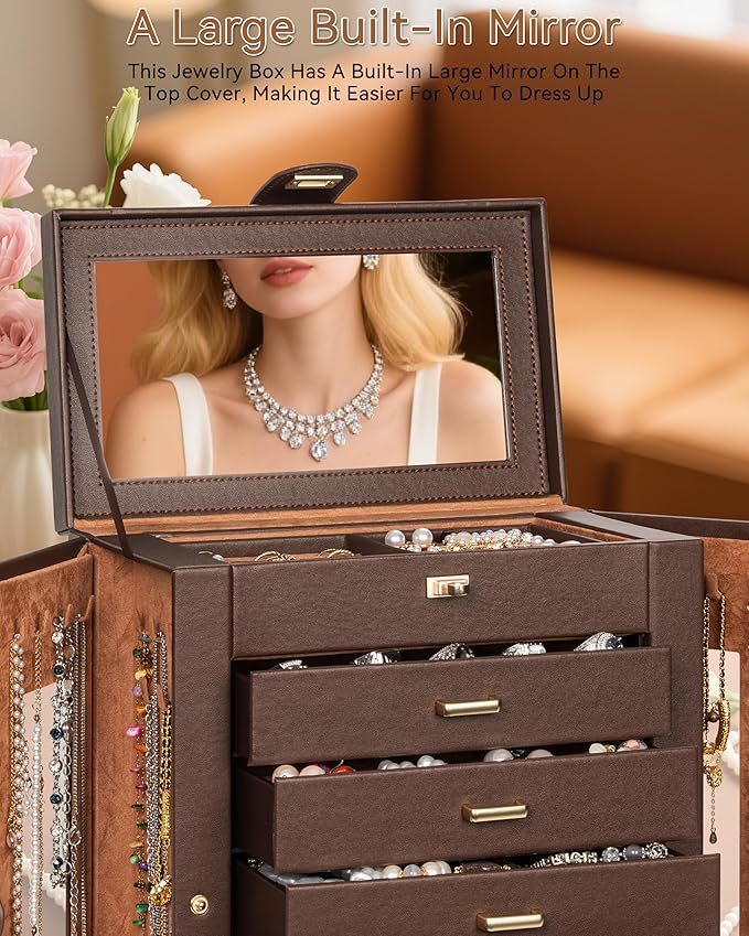 AKOZLIN 360° Rotating Jewelry Box 6-Tier Organizer Functional Jewelry Storage Case for Women Girls Ring Necklace Earring Bracelet Holder with Mirror Brown