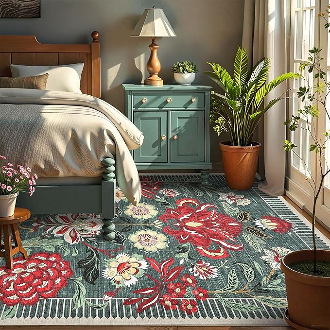 GarveeHome Floral Botanical Washable Rugs 5x7 Area Rug for Living Room, Grey Green Vintage Boho Cottage Throw Rugs Low Pile Carpet for Bedroom Dining Nursery Rug