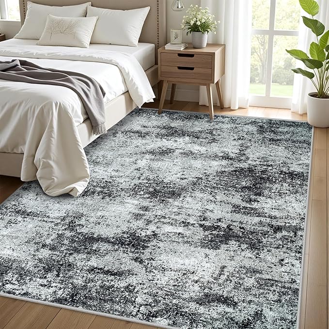 Washable Rug 6x9 Area Rugs: Abstract Washable Rugs with Non-Slip Backing, Stain Resistant Indoor Floor Carpet for Bedroom Dining Room Table Nursery Hallway Home Office Dark Black/Gray