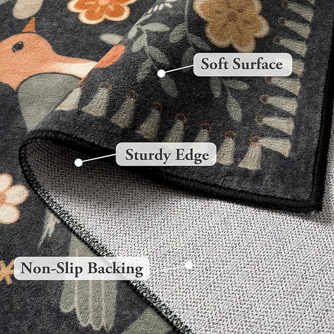 Moynesa Boho Bird Area Rug 9x12 for Living Room, Washable Rugs 9x12 Black Floral Bedroom Rug Low-Pile Soft Playroom Carpet, Jungle Pattern Vintage Rug Indoor Floor Carpet for Nursery
