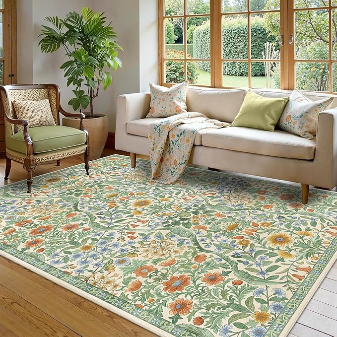 5×7 Grass Green Washable Floral Area Rug,Vintage Boho Soft Low-Pile Living Room Rugs, Stain Resistant Botanical Non-Slip Carpet for Bedroom,Dining Room, Kids Nursery,Home Decor
