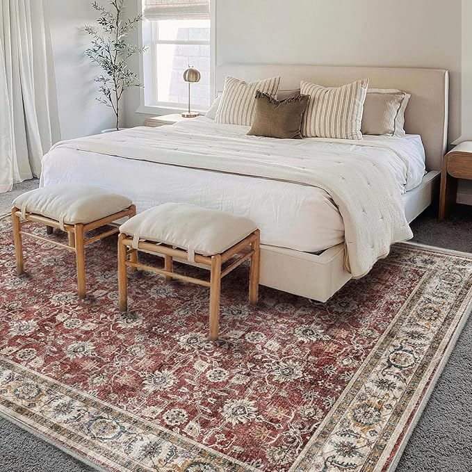 Washable Area Rug 9'x12' Boho Design Non-Shedding Easy Care Ideal for High Traffic Areas in Living Room Bedroom Office Coffee Table Kitchen Large Carpet