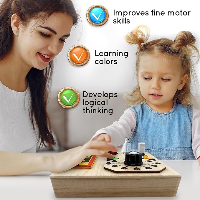 Wooden Montessori Musical Busy Board for Toddlers for 3-5 Year-Old with Mechanical Turner, Colorful Bulbs, Switches, Buttons - Enhance Sensory, Motor Skills (Updated)