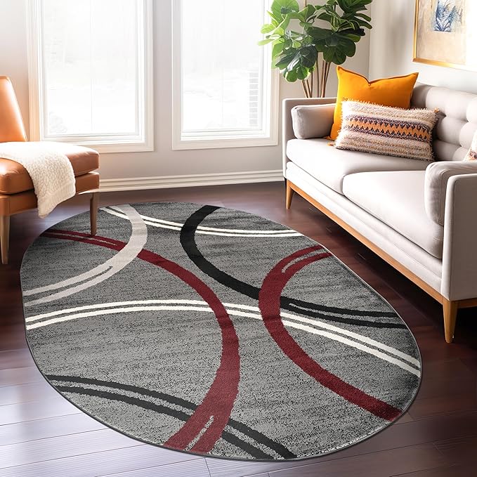 Rugshop Modern Wavy Circles Design Oval Area Rug 5' x 7' Red