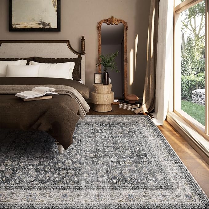 Machine Washable Rugs for Living Room: 6x9 Bedroom Rug Vintage Boho Area Rug Stain Resistant Non Slip Low Pile Lightweight Soft Carpets for Living Room Dining Room Kitchen Nursery Kids Room Farmhouse
