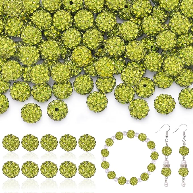 200pcs 10mm Rhinestone Beads for Jewelry Making, Olivine Shiny Round Disco Ball Beads Bulk, Sparkle Crystal Clay Christmas for Bracelet Baseball Necklace Earring Crafting and DIY