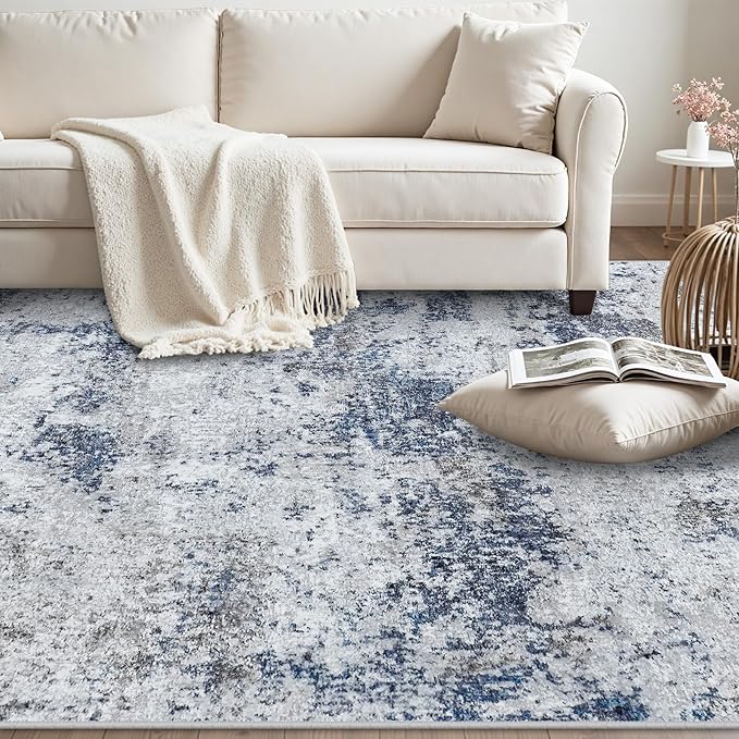 Area Rug 9x12 Washable Rugs: Abstract Large Living Room Rugs with Non-Slip Backing, Stain Resistant Indoor Floor Carpet for Bedroom Dining Room Table Nursery Hallway Home Office Blue/Gray/Black