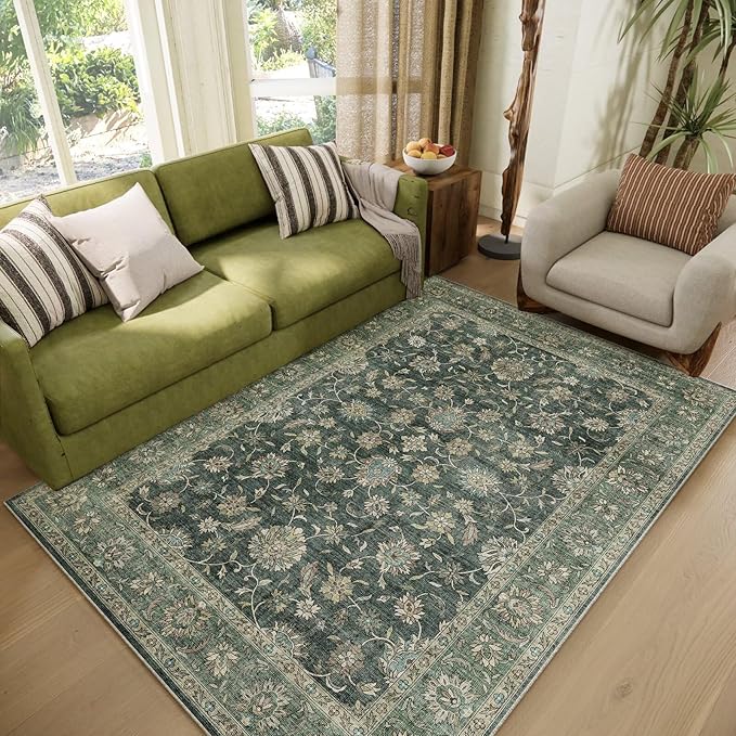Washable 4x6 Rugs for Living Room, Boho Non-Slip Silicone Backing Small Rugs for Bedroom Nursery Office, 0.3" Neutral Oriental Throw Carpet with 0.16" Cushioning Pad, Sage Green/Multi