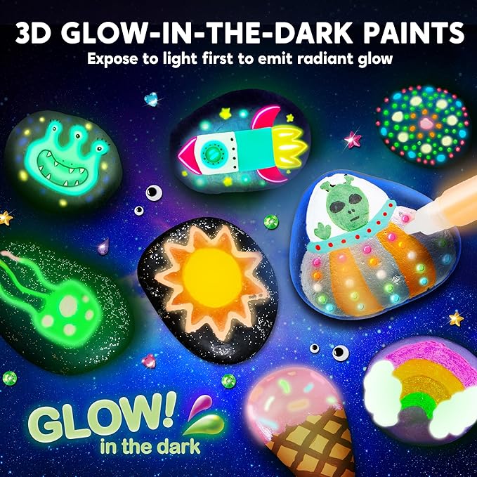 Rock Painting Kit- Glow in The Dark Rock Kit, Arts and Crafts for Kids Ages 6-12, Art Supplies Toy, Kids Craft Paint Kits, Arts & Crafts for Boys Girls Birthday Party Gift Toy