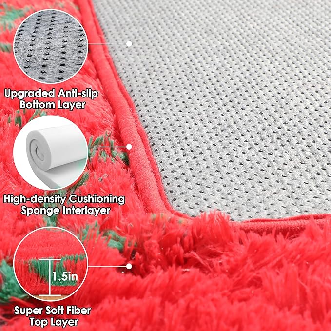 ONASAR 6x9 Area Rugs for Living Room, Large Fluffy Red and Dark Green Bedroom Rug, Geometric Boho Soft Shaggy Plush Floor Carpet for Kids Girls Teen Nursery Dorm Christmas Home Decor Aesthetic