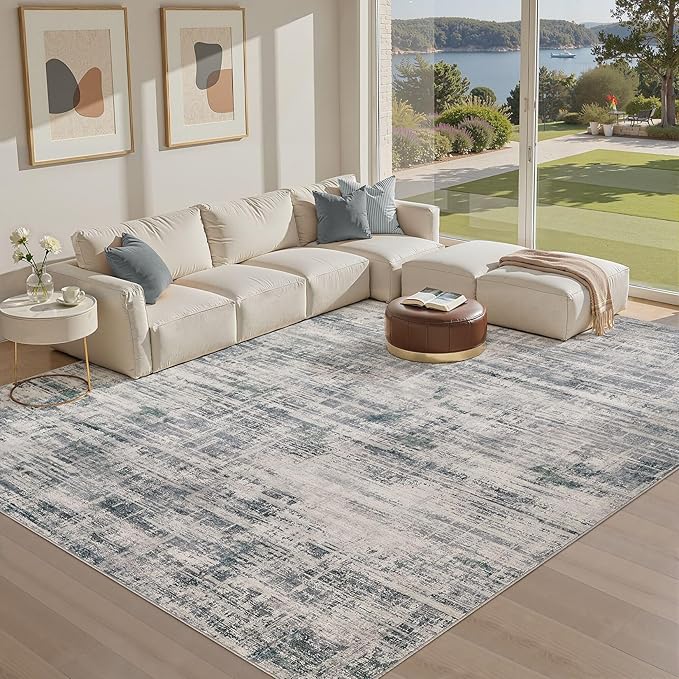Area Rug for Living Room: 12x15 Washable Neutral Abstract Modern Soft Rugs Non Slip Indoor Floor Stain Resistant Large Carpet for Bedroom Dining Room Office Nursery - Gray