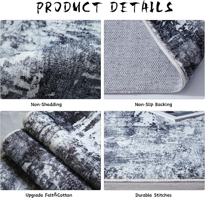 Area Rug 5x7 Washable Rug Boho Soft Abstract Pattern Non-Slip Faux Wool Vintage for Living Room, Bedroom, Farmhouse, Dining Room, Kids Playroom, Grey and Black