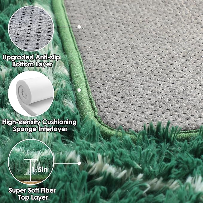 ONASAR Area Rugs for Living Room Bedroom, 5x8 Washable Fluffy Dark Green and White Rug, Geometric Boho Soft Plush Shaggy Fuzzy Floor Carpet for Nursery Kids Girls Boys Teen Dorm Home Decor Aesthetic