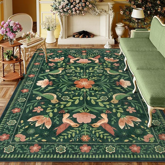 Moynesa Boho Bird 9x12 Area Rug Washable Living Room Rug, Low-Pile Green Floral Bedroom Rugs for Living Room Stain Resistance, Vintage Soft Large Rug for Kids Playroom Nursery