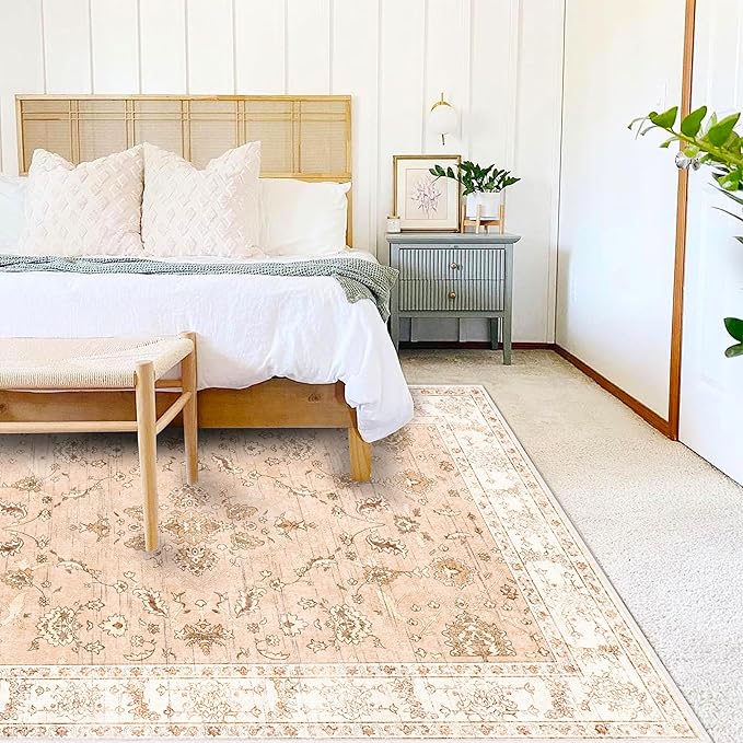 Area Rug 9x12 Washable Tangerine Vintage Traditional Mat Distressed Indoor Foldable Thin Retro Accent Floral Print Rug Non Slip Carpet Living Room Dining Room Office