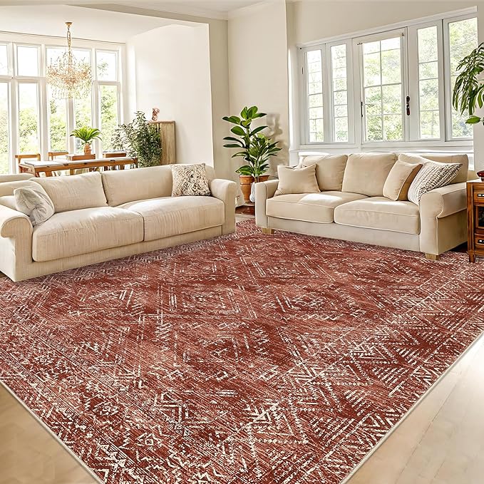 COZYLOOM 8x10 Rug Modern Indoor Area Rug Machine-Washable for Living Room or Bedroom Softness Foldable Mat for Easy Storage Geometric Design Non Slip Rug Low Pile Stain Resistant Carpet, Brick Red