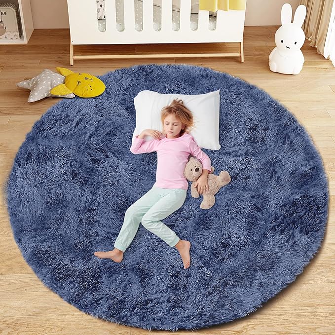 4FT Round Rug for Bedroom: Fluffy Shag Soft Washable Rugs Circle Small Fuzzy Plush Indoor Carpet for Living Room Nursery Playroom Dorm Kids Girls Boys Room (Navy Blue, 4'x4')