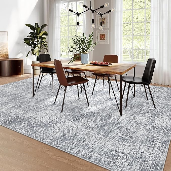 COZYLOOM Area Rug 4x6 Modern Washable Distressed Accent Carpet with Non-Slip Backing, Ultra-Soft Contemporary Geometric Floor Mat for Living Room, Kitchen, Bedroom, Grey